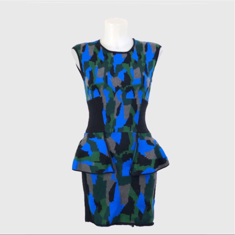Torn by Ronny Kobo Blue Green Black Camouflage Peplum Mini Dress with Crew Neck